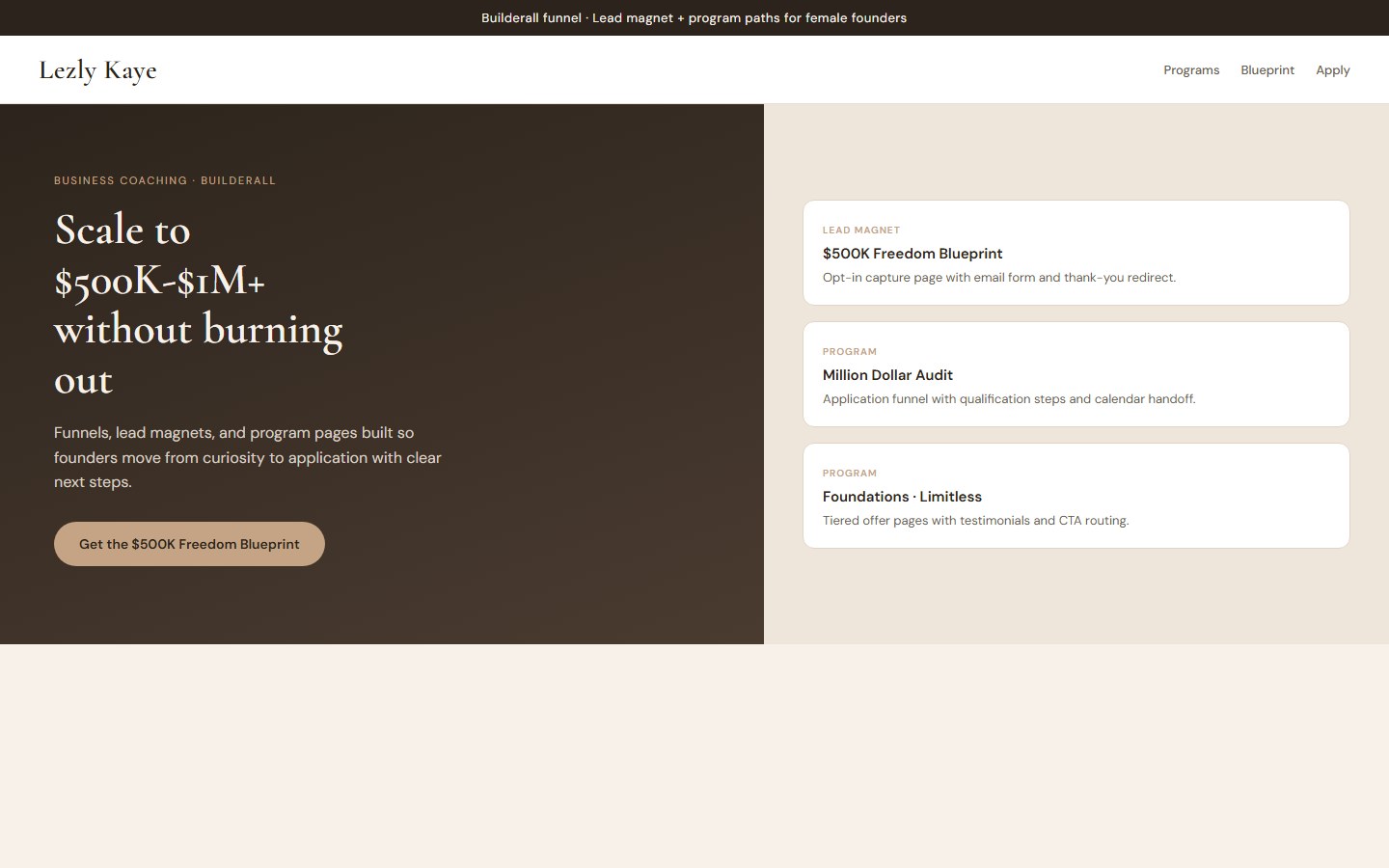 Lezly Kaye Builderall homepage funnel mockup